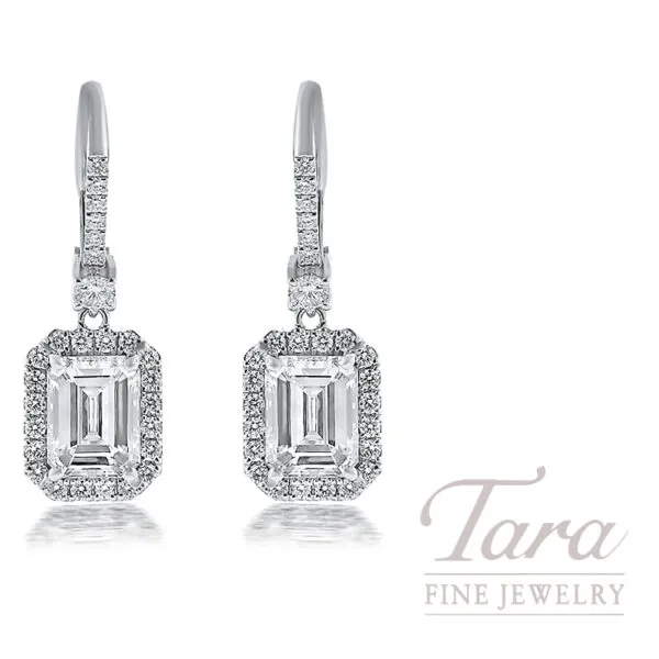 18K White Gold Diamond Halo Drop Earrings 4.81TDW,  I-IF,  I-VVS2