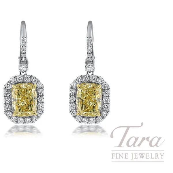 Extraordinary 18K White Gold Fancy Yellow Diamond Halo Drop Earrings 9.47TDW