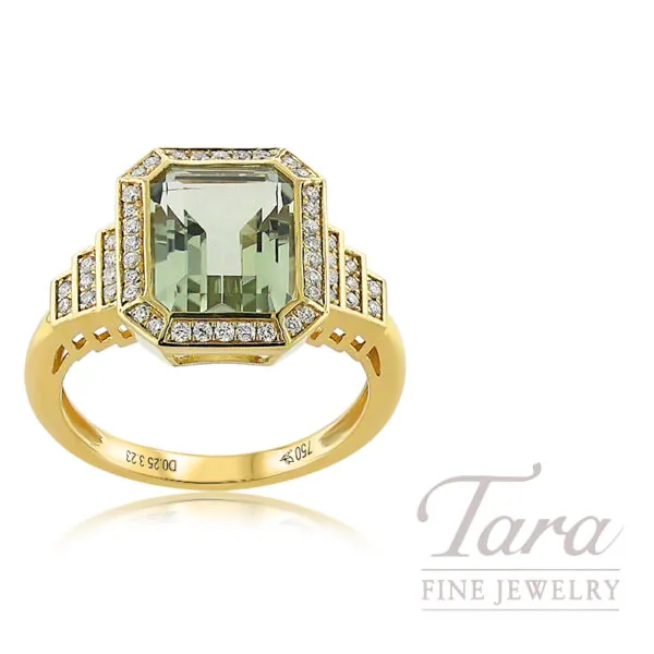 18K Yellow Gold Green Amethyst Diamond Ring 3.23TGW, 0.25TDW