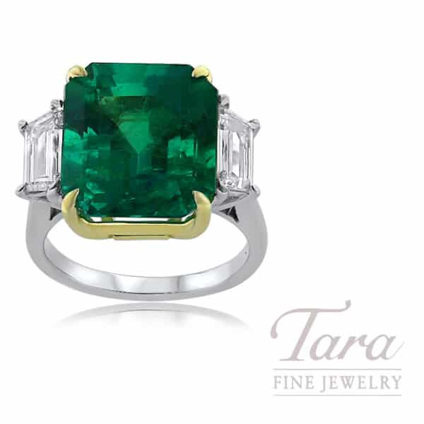 Extraordinary Platinum 18K Yellow Gold Emerald Diamond Ring 10.92TGW, 1.48TDW