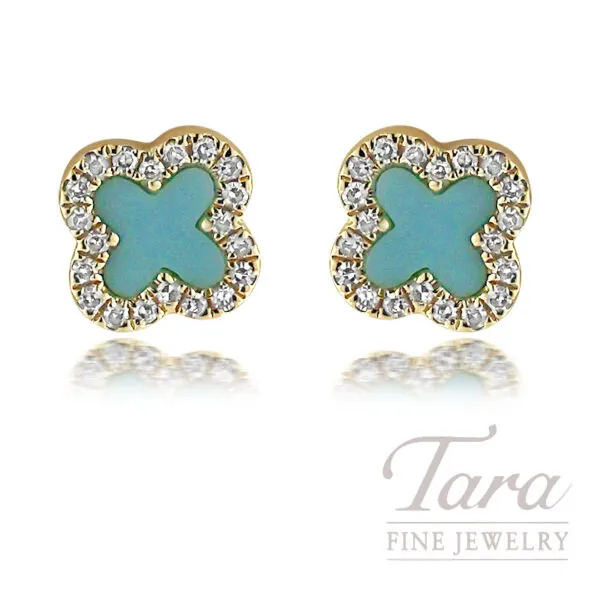 18K Yellow Gold Diamond Turquoise Earrings, 0.23TDW, 0.10TGW