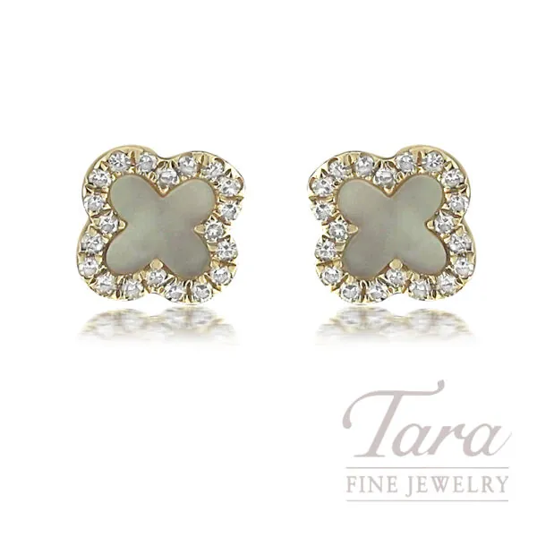 18K Yellow Gold Diamond Mother of Pearl Earrings, 0.10TDW, 0.22TGW