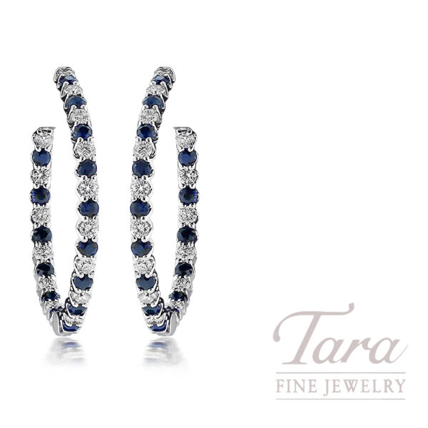 14K Yellow Gold Sapphire Diamond Inside Out Hoop Earrings 1.50TDW