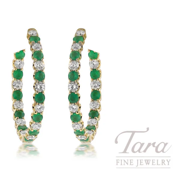 14K Yellow Gold Emerald Diamond Inside Out Hoop Earrings 2.60TDW