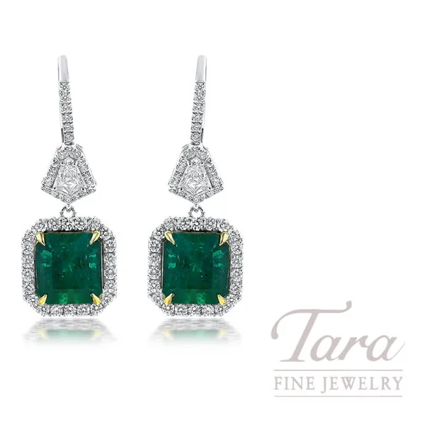 18K White and Yellow Gold Emerald Diamond Halo Drop Earrings