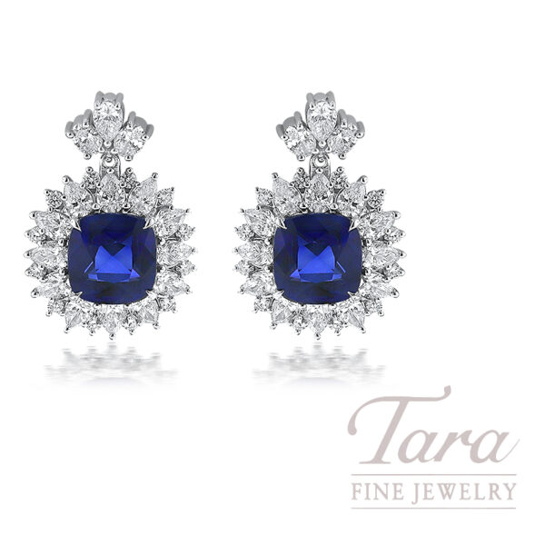 Marvelous 18K White Gold Blue Sapphire and Diamond Earrings 12.07TGW, 5.34TDW