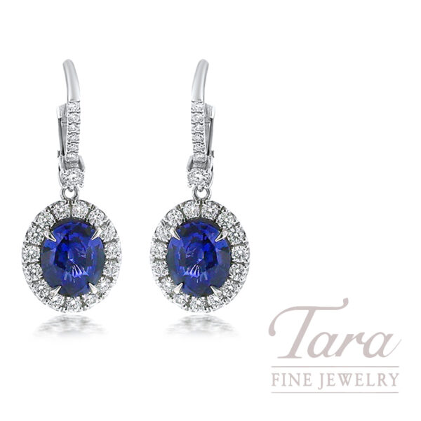 18K White Gold Blue Sapphire Diamond Earrings 5.58TGW, 1.45TDW
