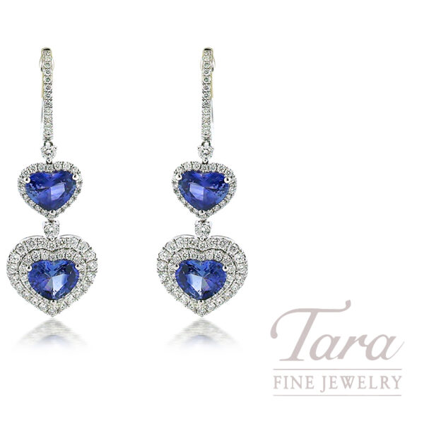 18K White Gold Blue Sapphire Diamond Heart Earrings 5.68TDW, 1.29TDW
