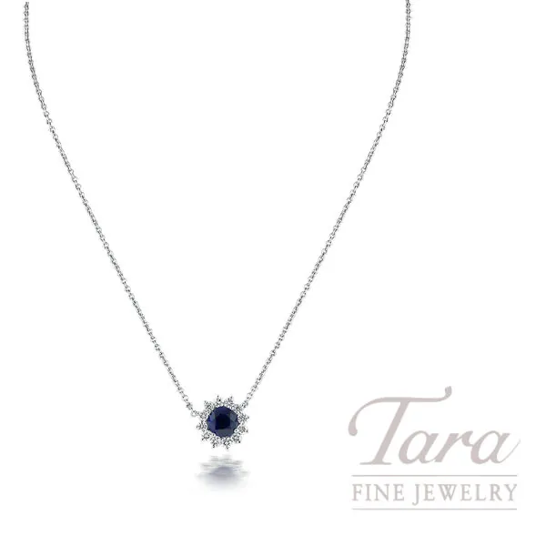 18K White Gold Blue Sapphire and Diamond Pendant Necklace 1.55TGW, 0.51TDW