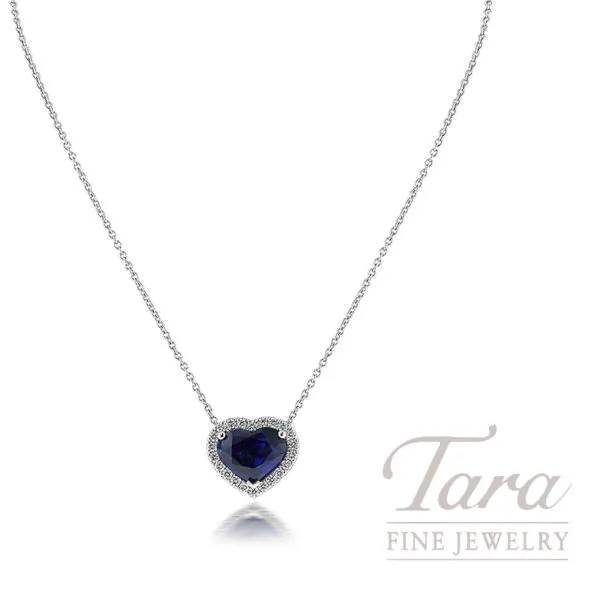 18K White Gold Diamond Blue Sapphire Heart Pendant Necklace 4.80TGW, 0.40TDW