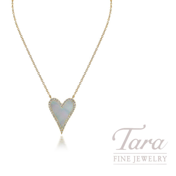 18K Yellow Gold Mother of Pearl Diamond Heart Necklace 2.98G