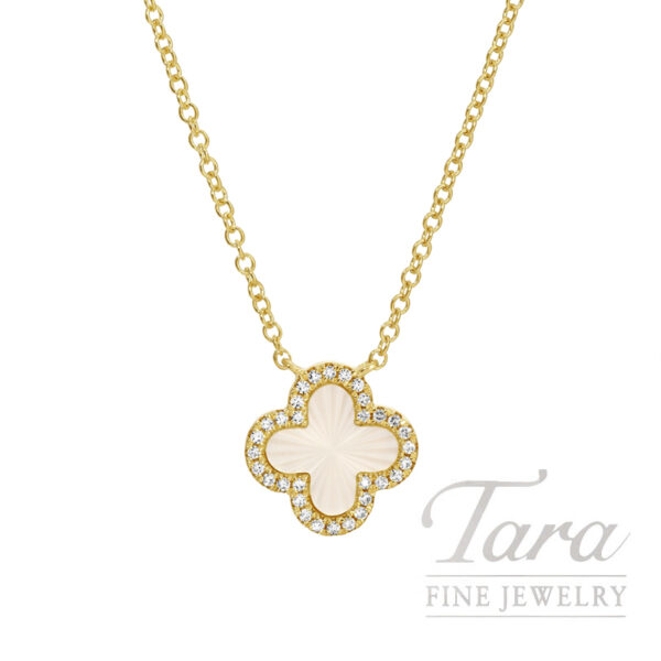 18K Yellow Gold Mother of Pearl Diamond Floral Pendant Necklace 0.42TGW, .07TDW