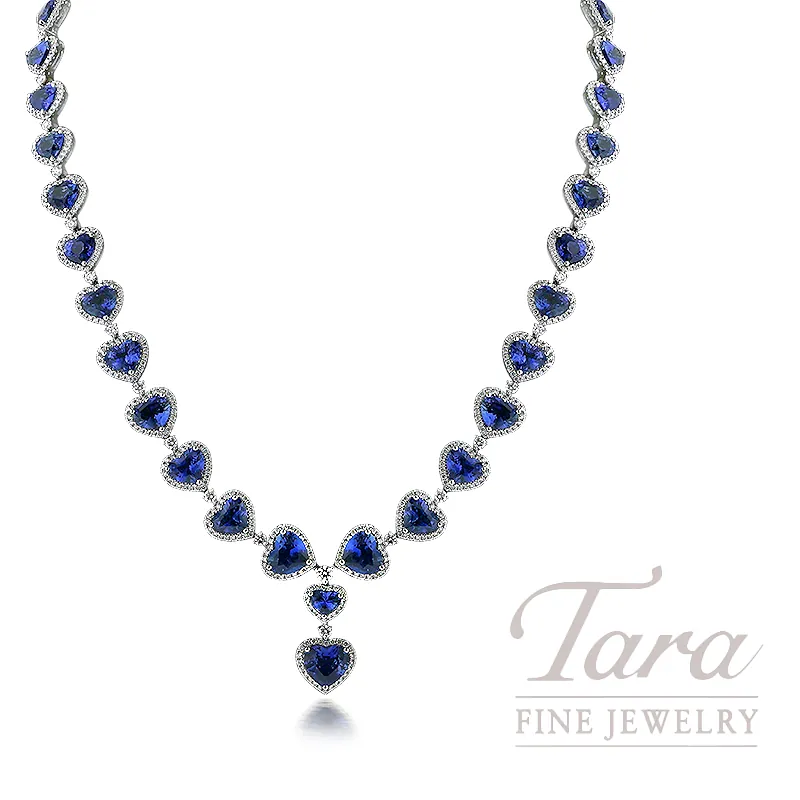 Magnificent 18K White Gold Blue Sapphire Diamond Heart Necklace 45.69TGW, 6.12TDW