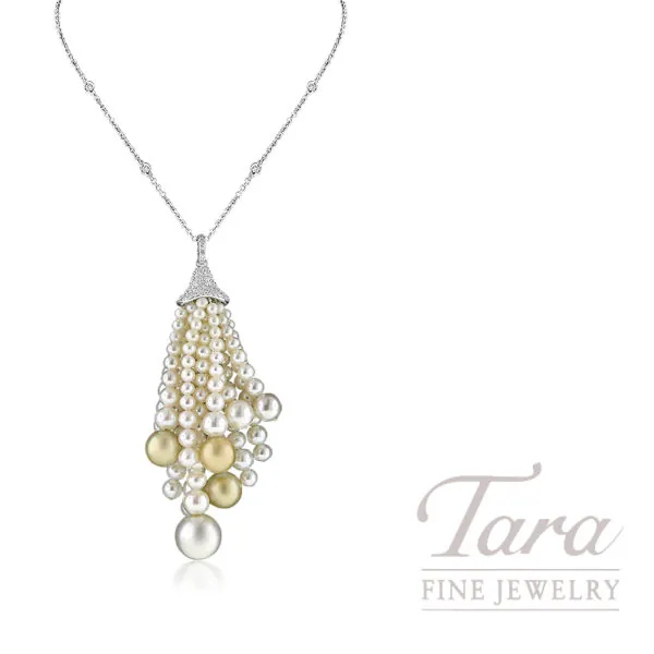 Norman Covan 18K White Gold Diamond Pearl Tassel Pendant, 0.80TDW