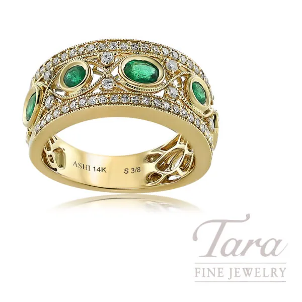 14K Yellow Gold Moval Cut Emerald Diamond Ring