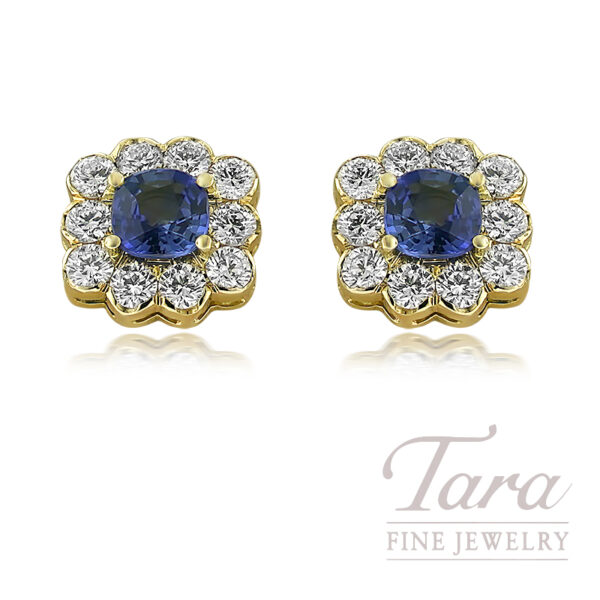 18K Yellow Gold Blue Sapphire Diamond Halo Earrings 1.58TGW, 1.45TDW