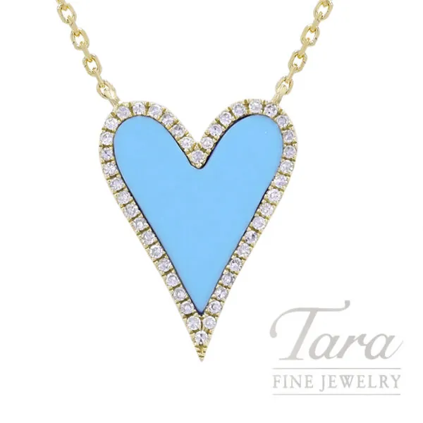 18K Yellow Gold Diamond Turquoise Heart Pendant Necklace 3.0G