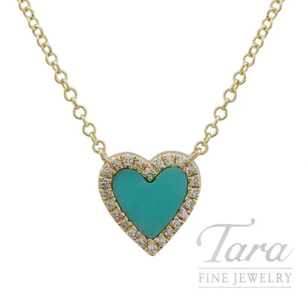 18K Yellow Gold Turquoise Diamond Heart Necklace 2.18G