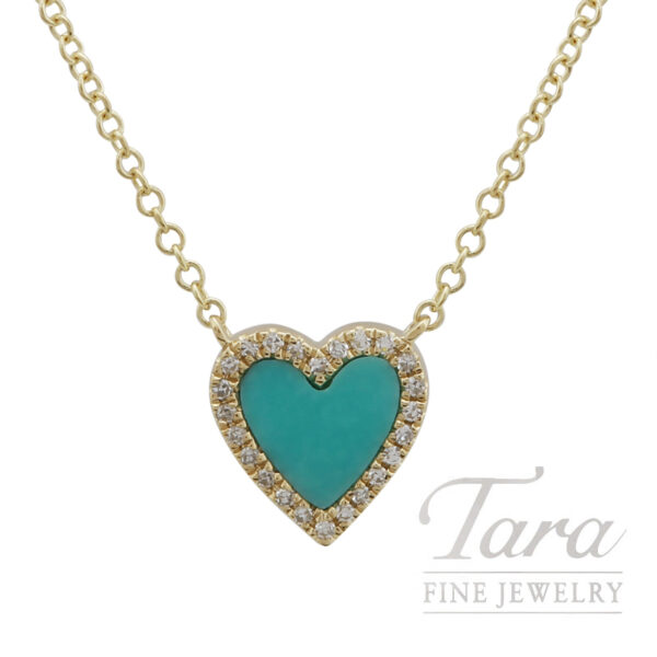 18K Yellow Gold Turquoise Diamond Heart Necklace 2.18G
