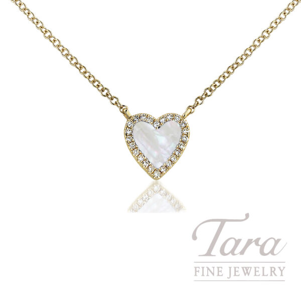 18K Yellow Gold Mother of Pearl Diamond Heart Necklace 2.2G