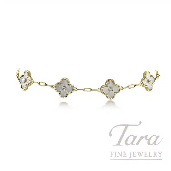 18K Yellow Gold Diamond Mother of Pearl Floral Bracelet 2.71TGW, 0.06TDW