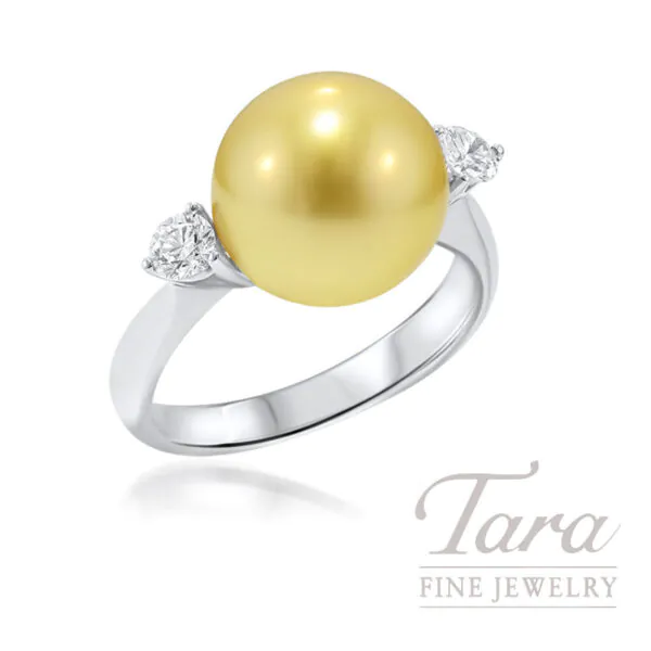 18K White Gold Golden South Sea Pearl and Diamond Ring, 11.75MM Golden South Sea Pearl, 2 Round Diamonds 0.32TDW