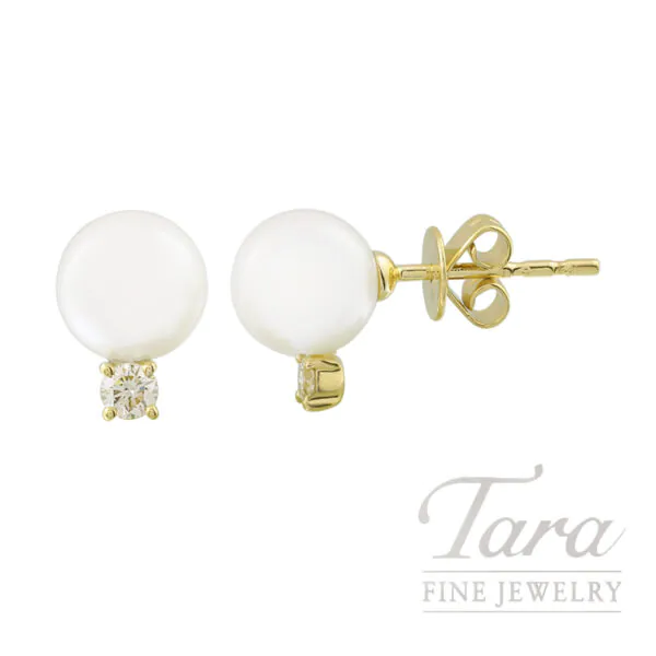 14K Yellow Gold 7.5MM Freshwater Pearl and Diamond Earrings, 0.19TDW