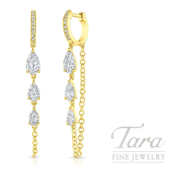18K Yellow Gold Graduated Diamond Chain Earrings 3.23TDW, 4.3G