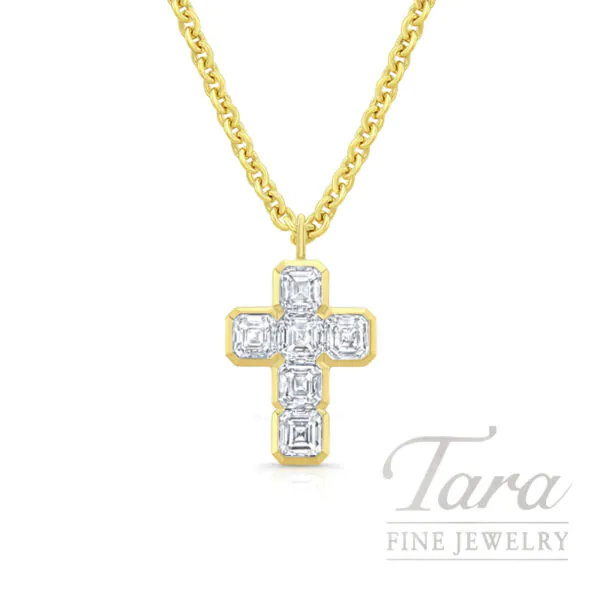 18K Yellow Gold Diamond Bezel Cross Necklace 6.07TDW, 18"