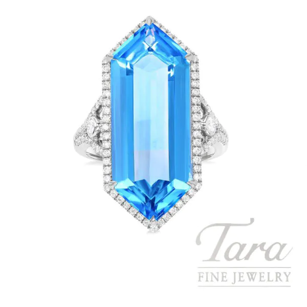 14K White Gold Blue Topaz Diamond Cocktail Ring 7.4G