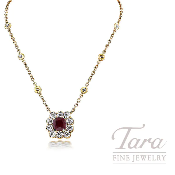 18K Yellow Gold Ruby Diamond Station Pendant Necklace 1.05TGW, 1.02TDW