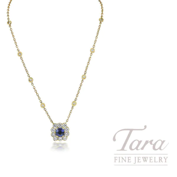 18K Yellow Gold Blue Sapphire Diamond Station Pendant Necklace .82TGW, 1.00TDW