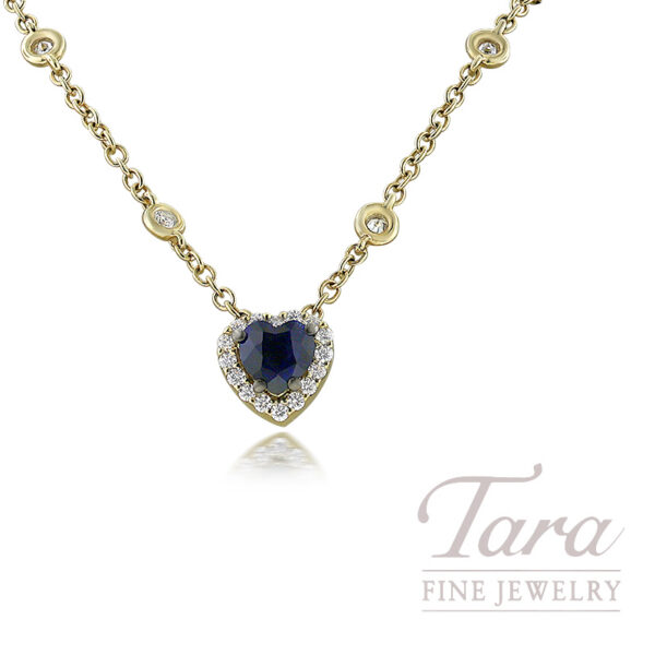 18K Yellow Gold Blue Sapphire Diamond Station Heart Necklace 0.37TDW, 0.53TGW