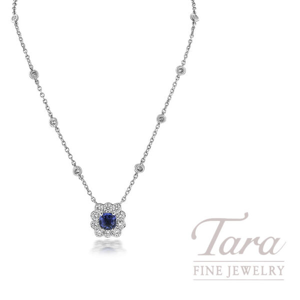 18K White Gold Blue Sapphire Diamond Station Pendant Necklace 0.94TGW, .96TDW