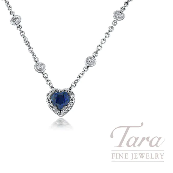 18K White Gold Blue Sapphire Diamond Station Heart Necklace 0.36TDW, 0.59TGW