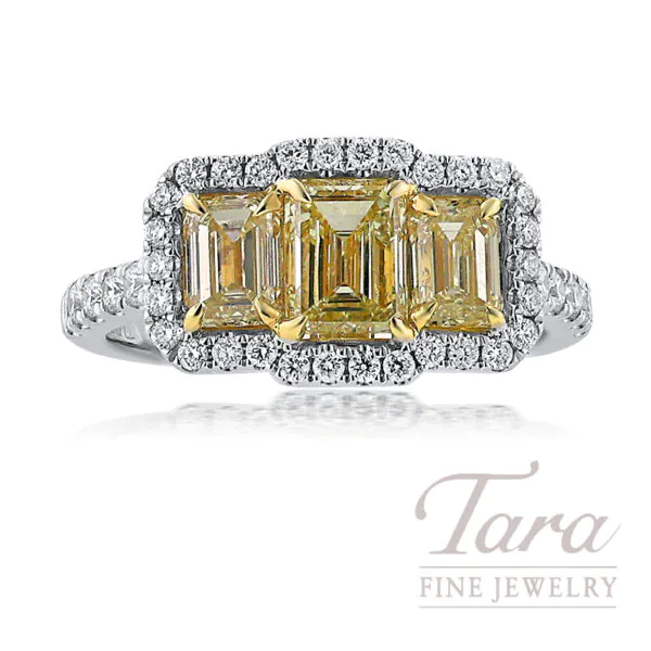 18K White Gold GIA Certified 3-Stone Emerald Cut Yellow Diamond Halo Ring, 2.51TDW