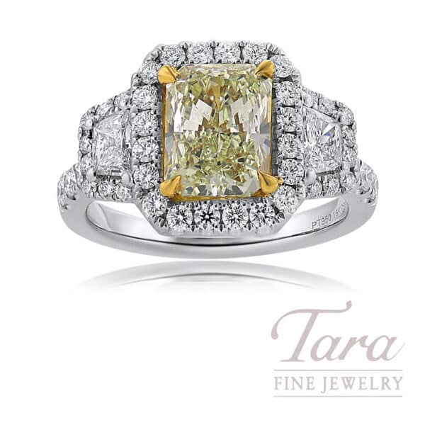 Platinum Three Stone GIA Certified Radiant Cut Yellow Diamond Halo Ring, 3.64TDW