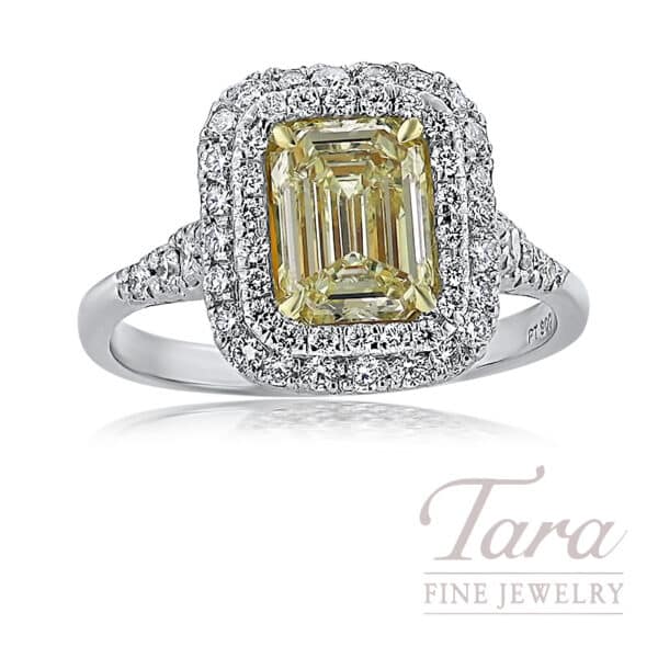 Platinum Emerald Cut GIA Certified Yellow Diamond Halo Ring 2.08CT