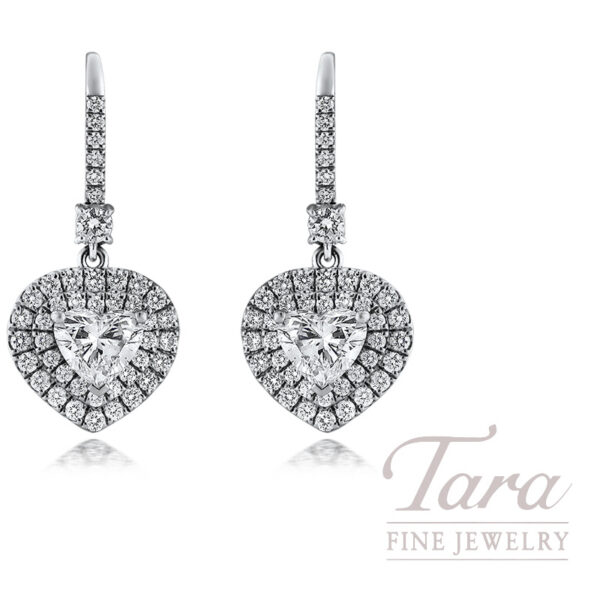 18K White Gold Heart Diamond Double Halo Drop Earrings 3.24TDW