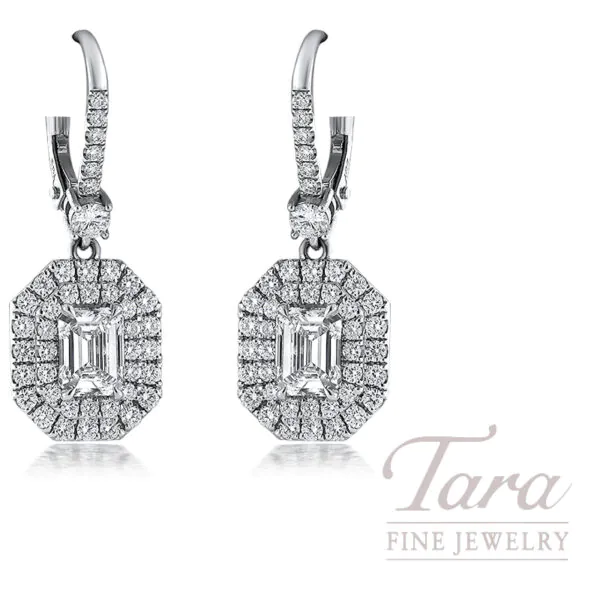 18K White Gold Emerald Cut Double Halo Diamond Drop Earrings 3.40TDW