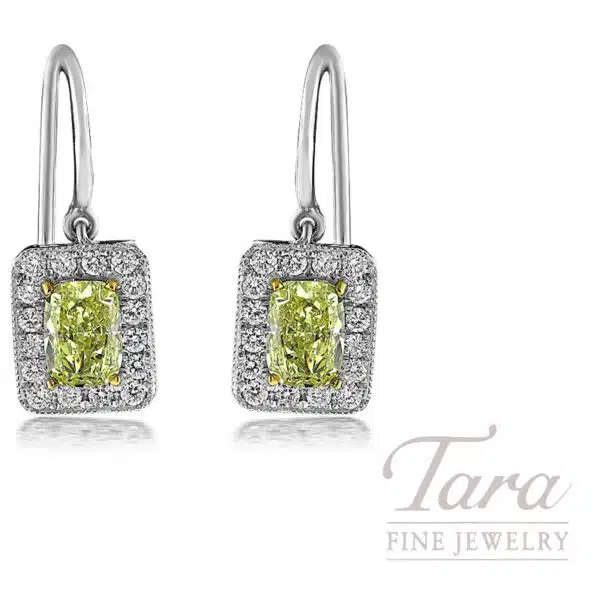 Platinum GIA Certified Cushion Cut Fancy Yellow Diamond Halo Earrings 2.40TDW