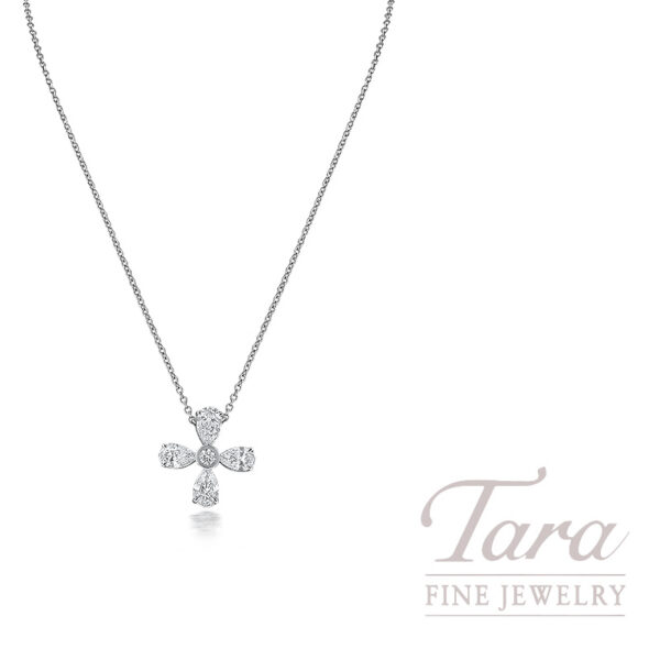 18K White Gold Pear and Round Diamond Flower Motif Pendant Necklace 2.24TDW