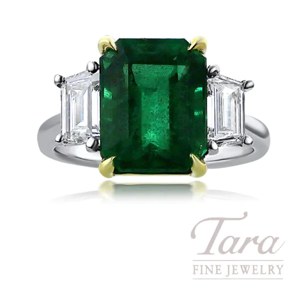 Platinum and 18K Yellow Gold Emerald Diamond Ring 5.96TGW, 1.07TDW