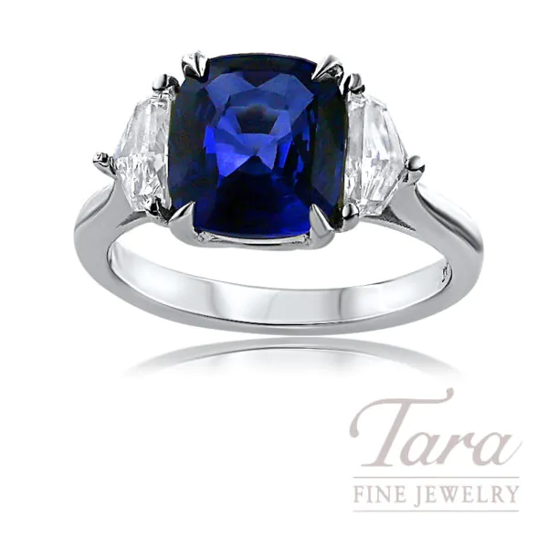 Platinum Cushion Cut Sapphire and Cadillac Cut Diamond 3-Stone Ring 3.83TGW, .85TDW