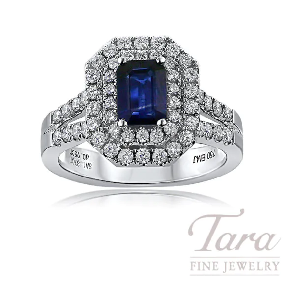 18K White Gold Emerald Cut Sapphire Double Halo Diamond Ring 1.37TGW, 0.95TDW