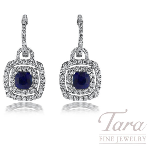 18K White Gold Cushion Cut Sapphire and Double Halo Diamond Earrings 2.83TGW, 1.33TDW