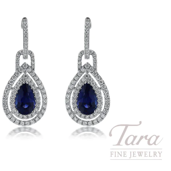 18K White Gold Sapphire Diamond Drop Earrings  4.96TGW, 1.35TDW