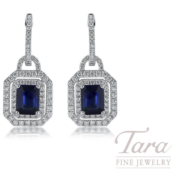 18K White Gold Emerald Cut Blue Sapphire Diamond Halo Drop Earrings 3.86TGW, 1.27TDW