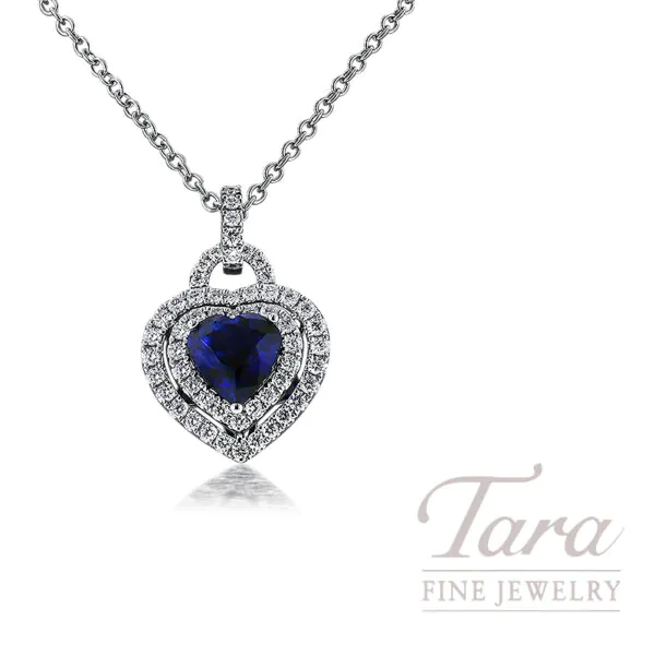 18K White Gold Heart Shaped Blue Sapphire Diamond Halo Pendant Necklace 1.80TGW, .57TDW