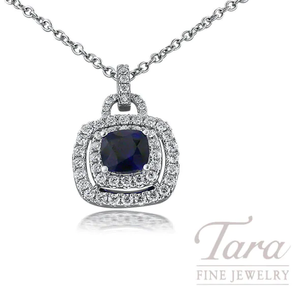 18K White Gold Blue Sapphire Diamond Necklace with Chain 1.49TGW, .67TDW